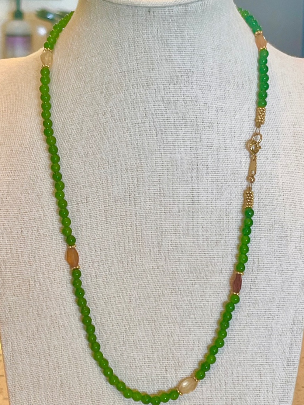 14k Gold Vermeil Green Jade Citrine Beaded 19 Inch Necklace NWOT